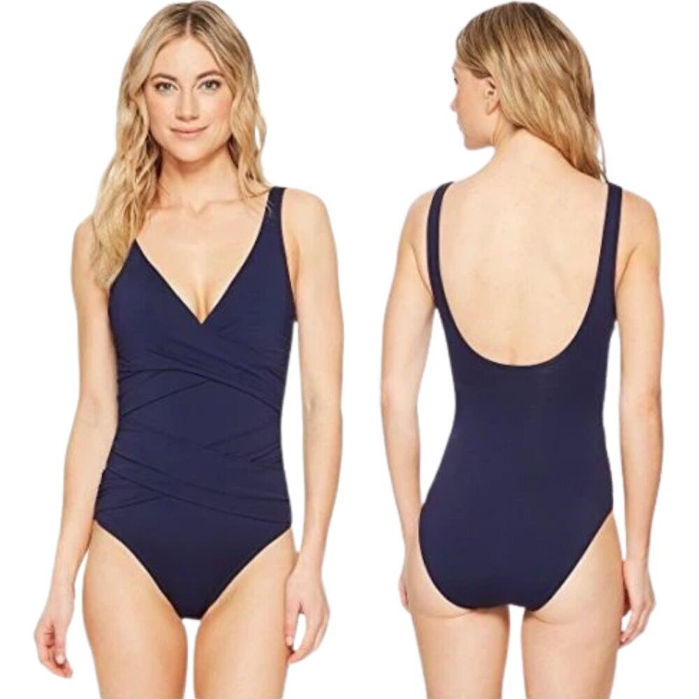 Tommy Bahama Pearl Wrap-Front One-Piece Swimsuit Women's 16 Mare Navy Blue NWT